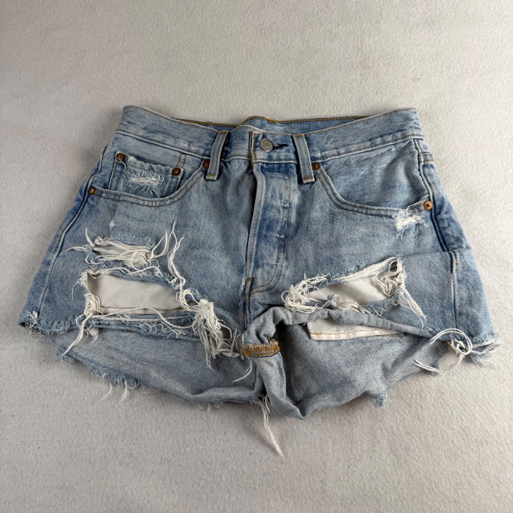 Levis 501 Original High Rise Distressed Denim Shorts Light Wash Blue Button Fly